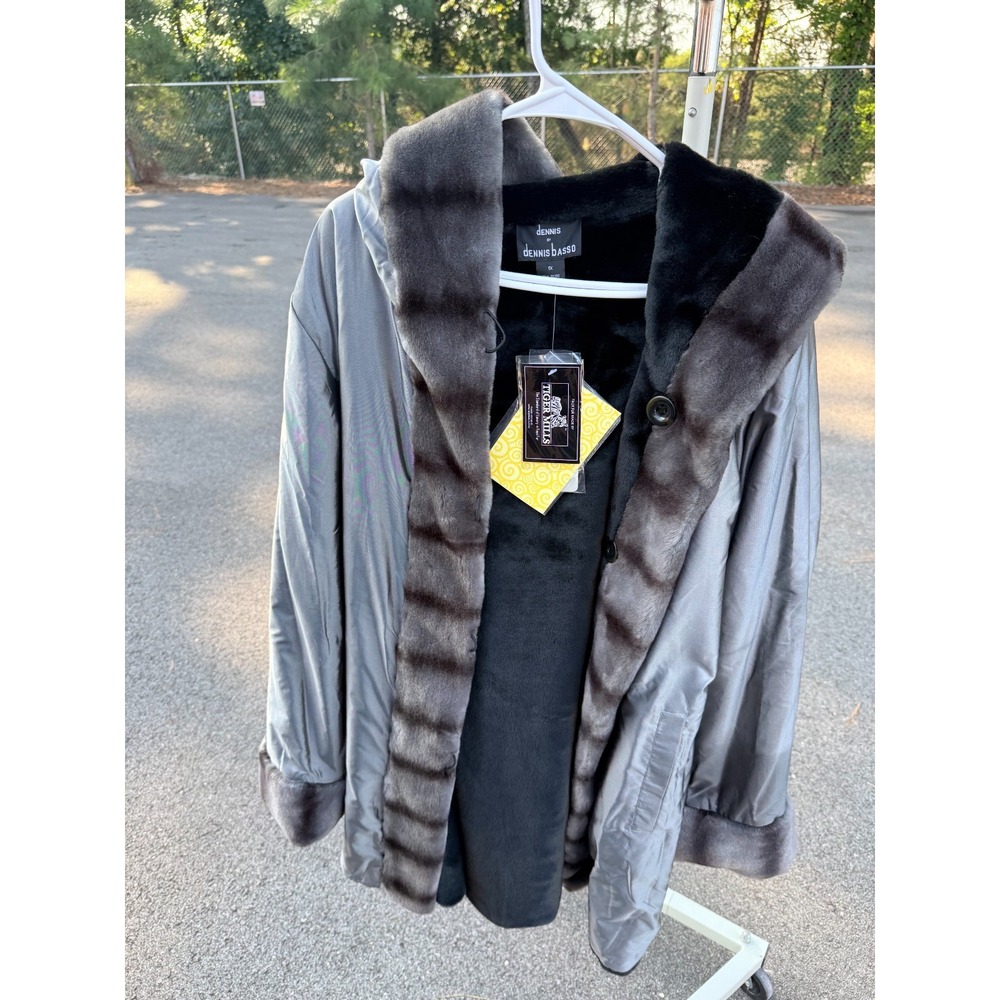 Dennis Basso Reversible Faux Fur Water Resistant Coat Women's 1X Gray Black